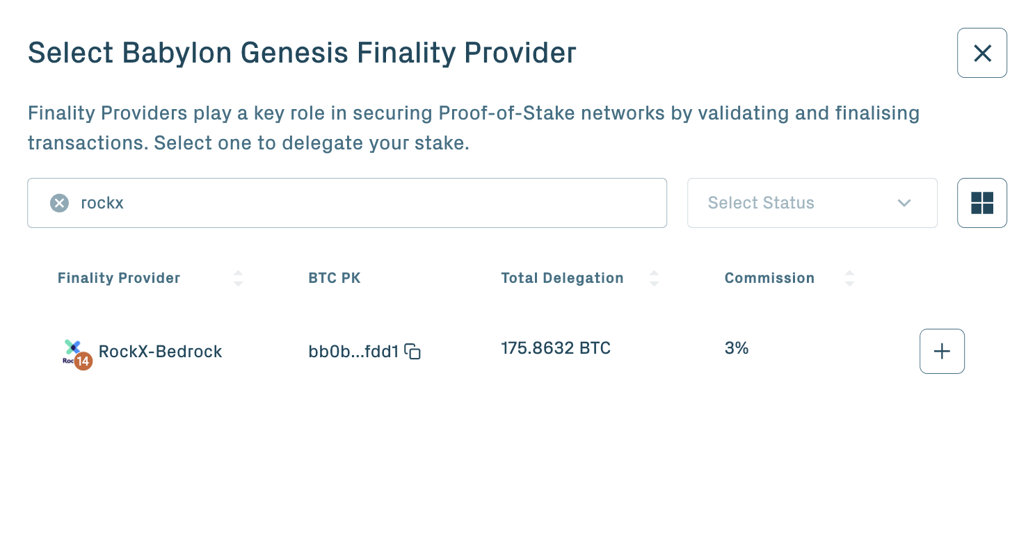 Selecting RockX-Bedrock as a Finality Provider in the Babylon staking app